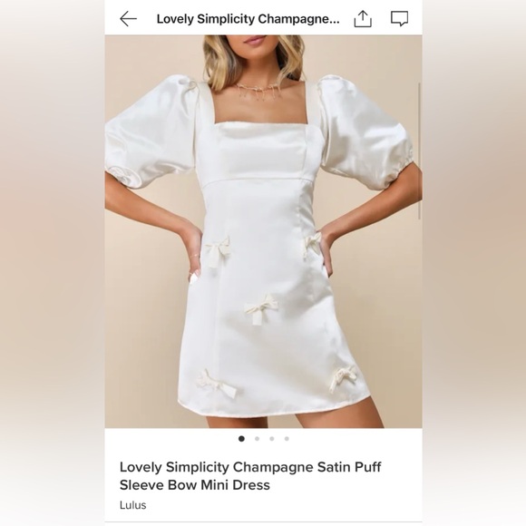 LULUS Lovely Simplicity Champagne Satin Puff Sleeve Bow Mini Dress - Picture 5 of 5